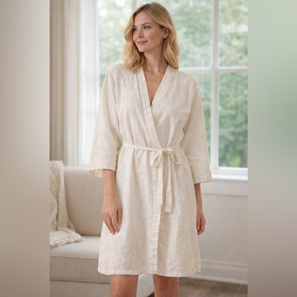 Oscar De La Renta Pink Label White Embroidered Floral Cotton Wrap Dress Robe Xl